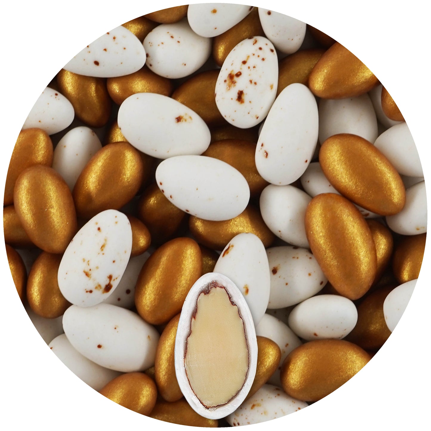 1kg Hochzeitsmandeln Conchiglia Mix weiss braun splashed Zimt & gold