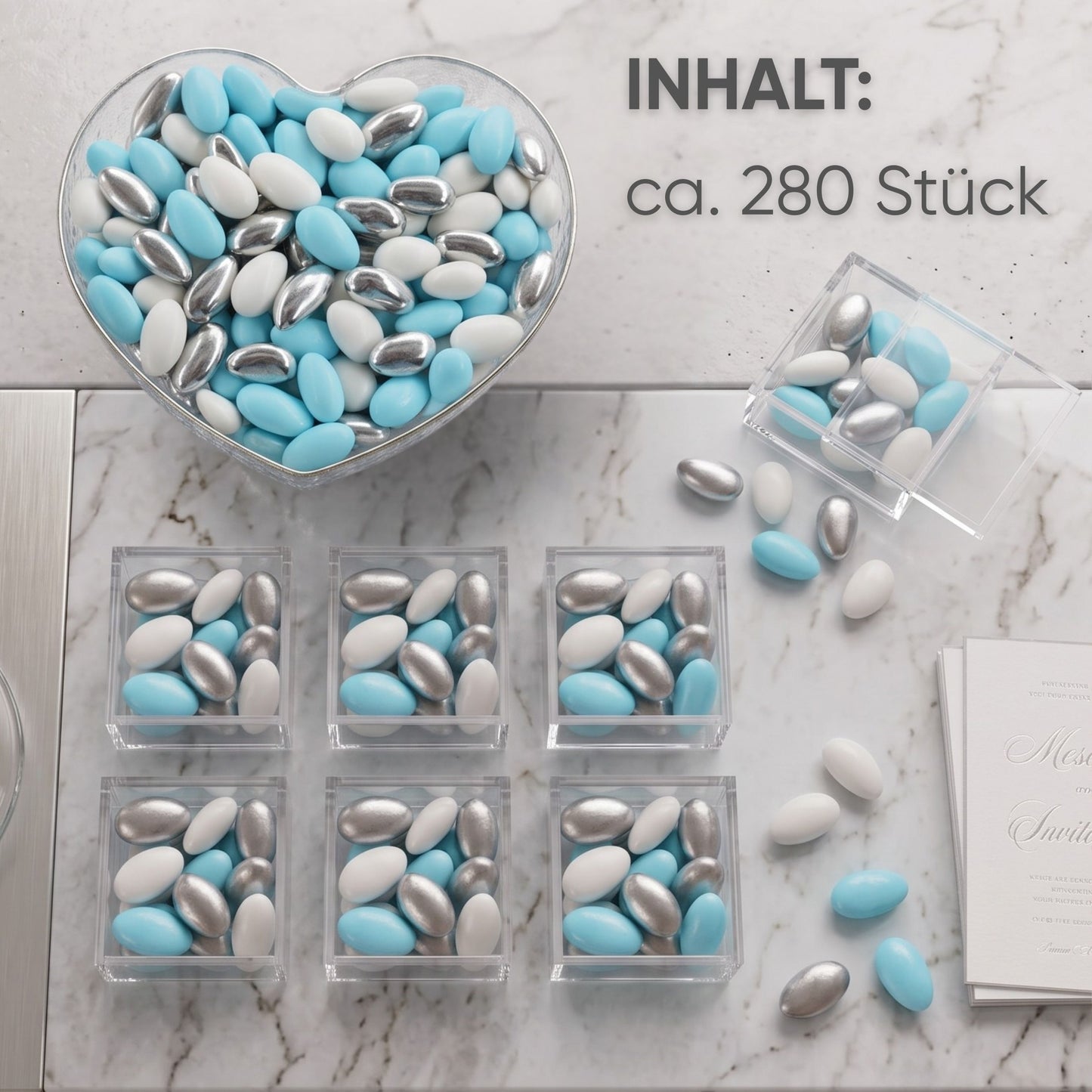 1kg Hochzeitsmandeln Conchiglia Mix weiss-hellblau-silber glanz