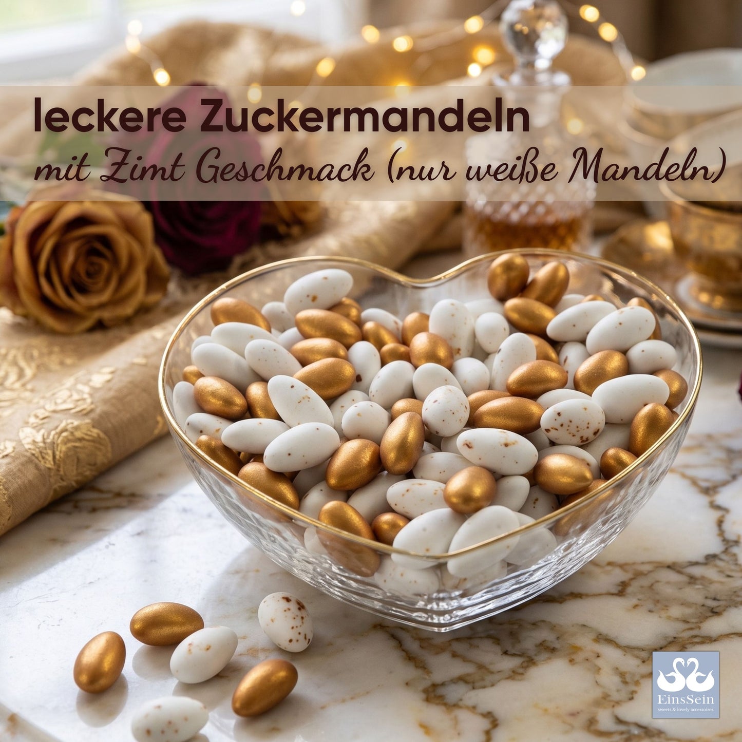 1kg Hochzeitsmandeln Conchiglia Mix weiss braun splashed Zimt & gold