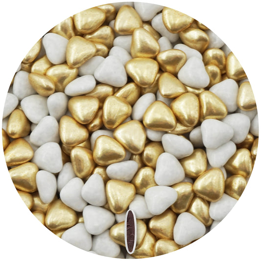 1kg Schokoherzen Dragees Herz Mix small weiss-gold glanz