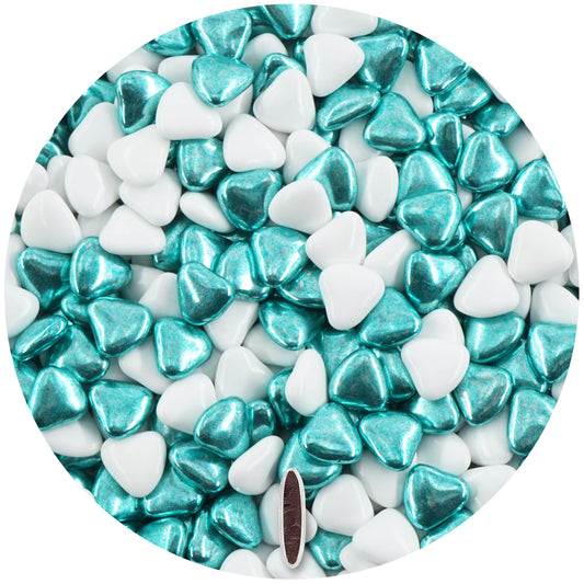 1kg Schokoherzen Dragees Herz Mix small weiss-grün metallic glanz