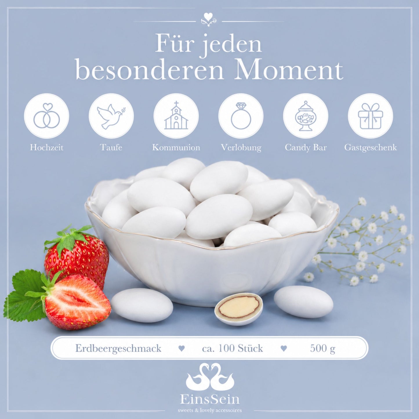 0,5kg Schokomandeln Erdbeere weiss matt