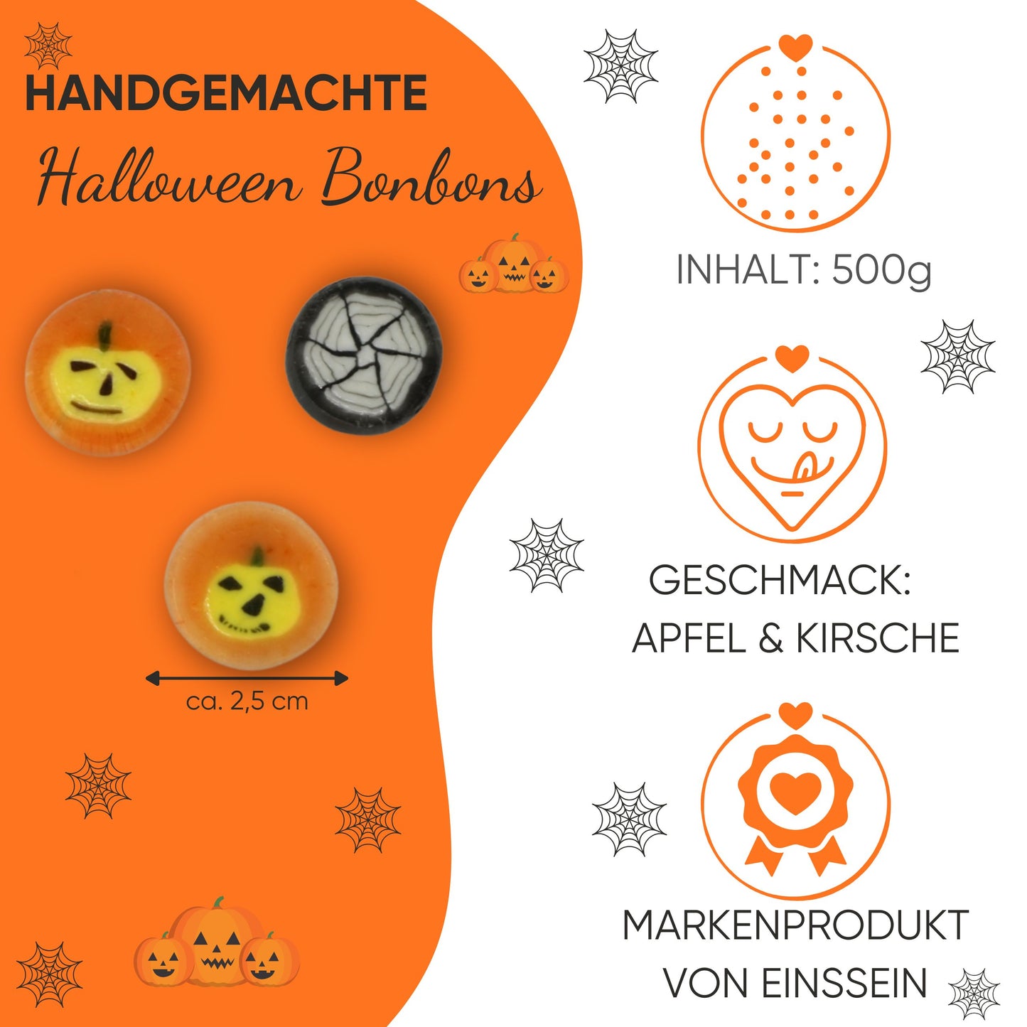 500g Halloween Bonbons Kürbis & Spinnennetz orange schwarz - Süßigkeiten für Halloween