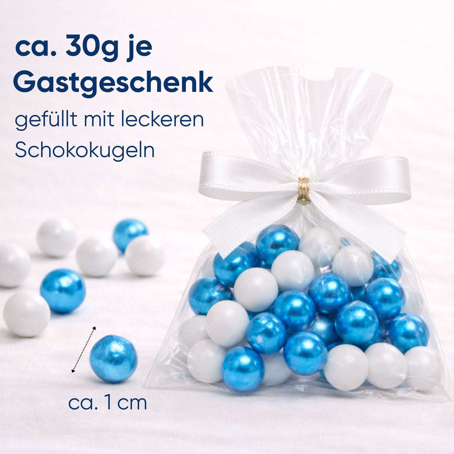 5 Stück kleine Gastgeschenke mit Schokokugeln weiss-blau