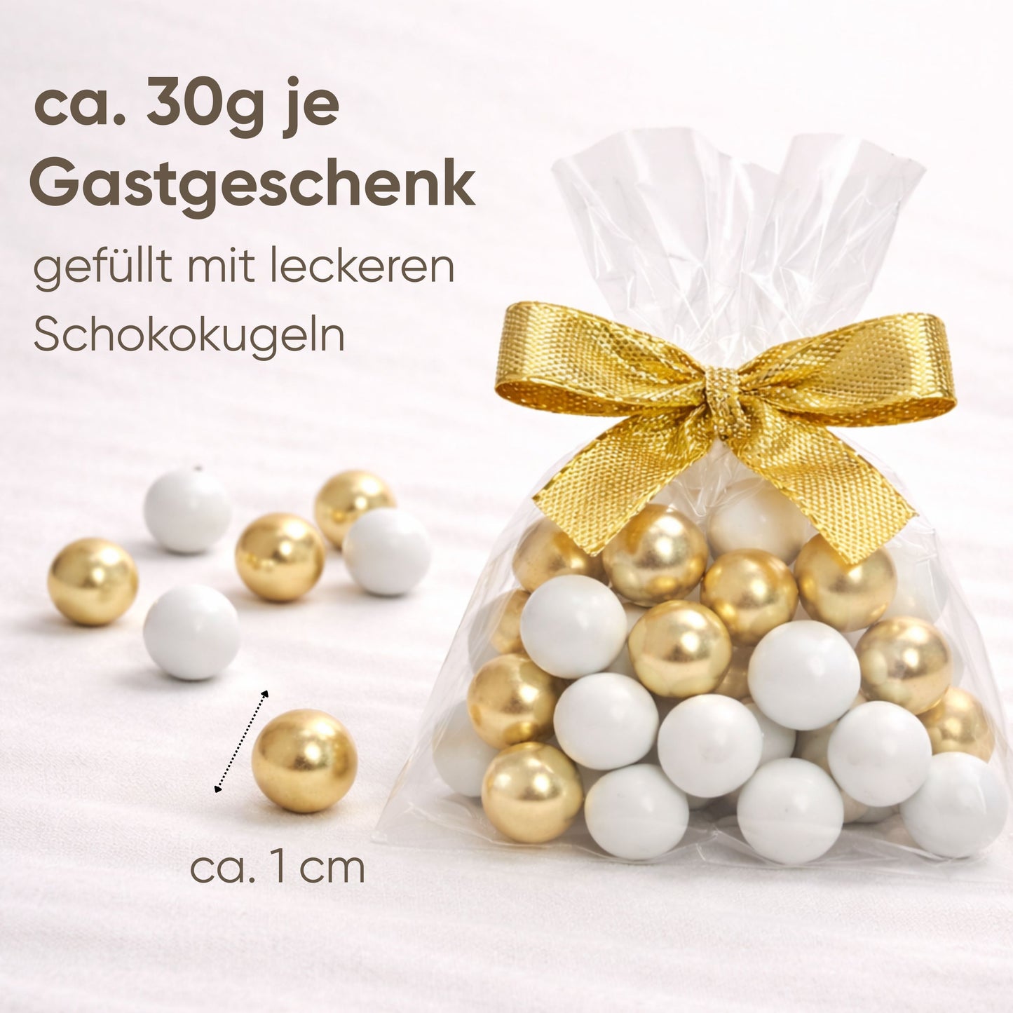 5 Stück kleine Gastgeschenke mit Schokokugeln weiss-gold