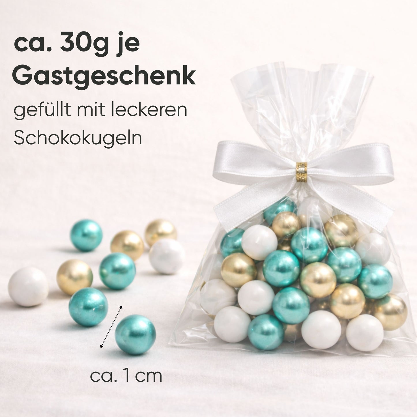 5 Stück kleine Gastgeschenke mit Schokokugeln weiss-gold-grün