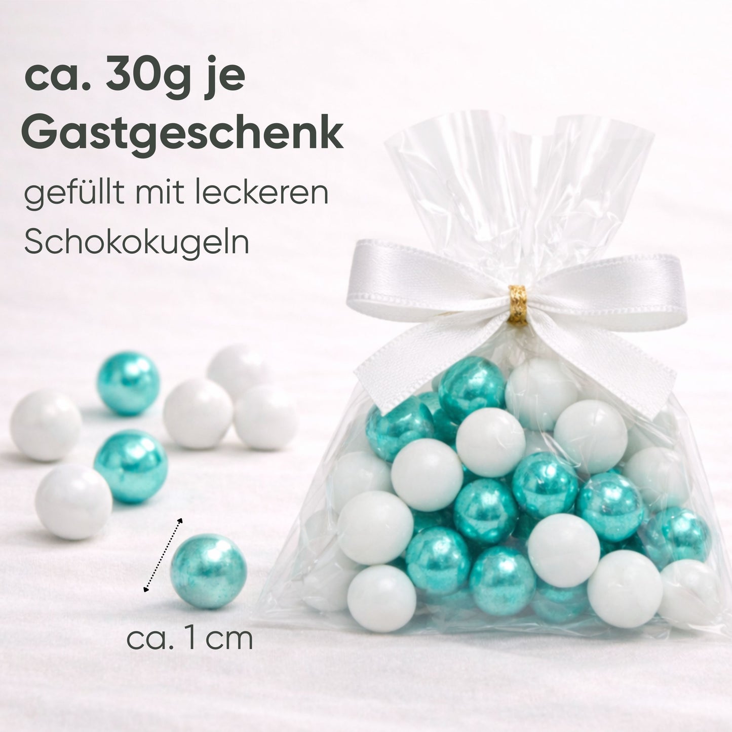 5 Stück kleine Gastgeschenke mit Schokokugeln weiss-grün
