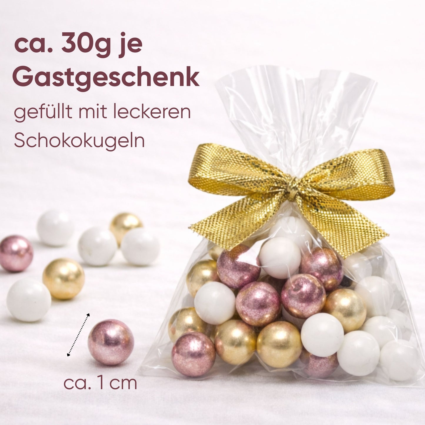 5 Stück kleine Gastgeschenke mit Schokokugeln weiss-gold-rosa