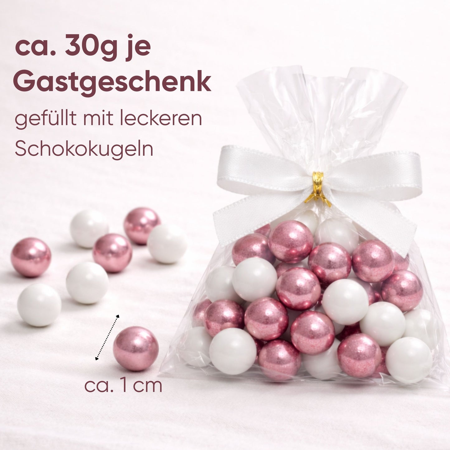 5 Stück kleine Gastgeschenke mit Schokokugeln weiss-rosa