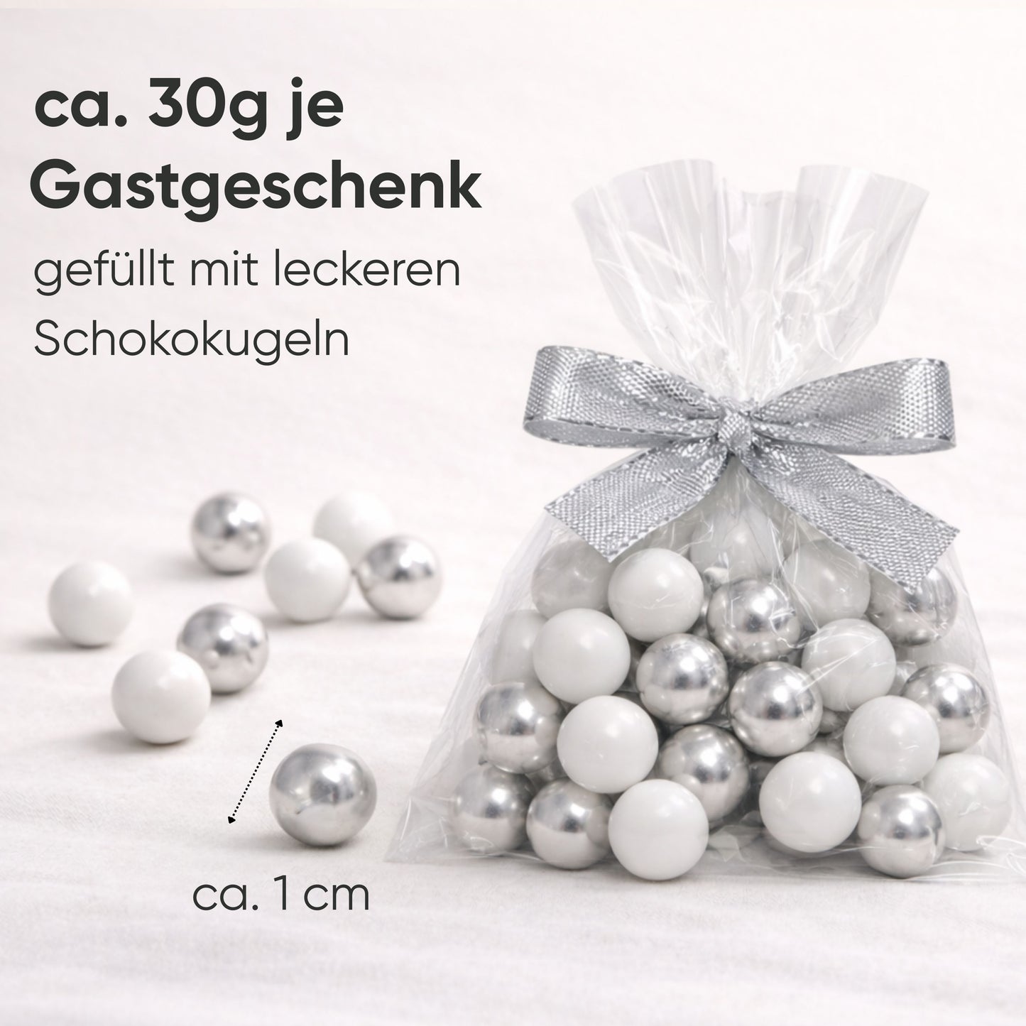 5 Stück kleine Gastgeschenke mit Schokokugeln weiss-silber