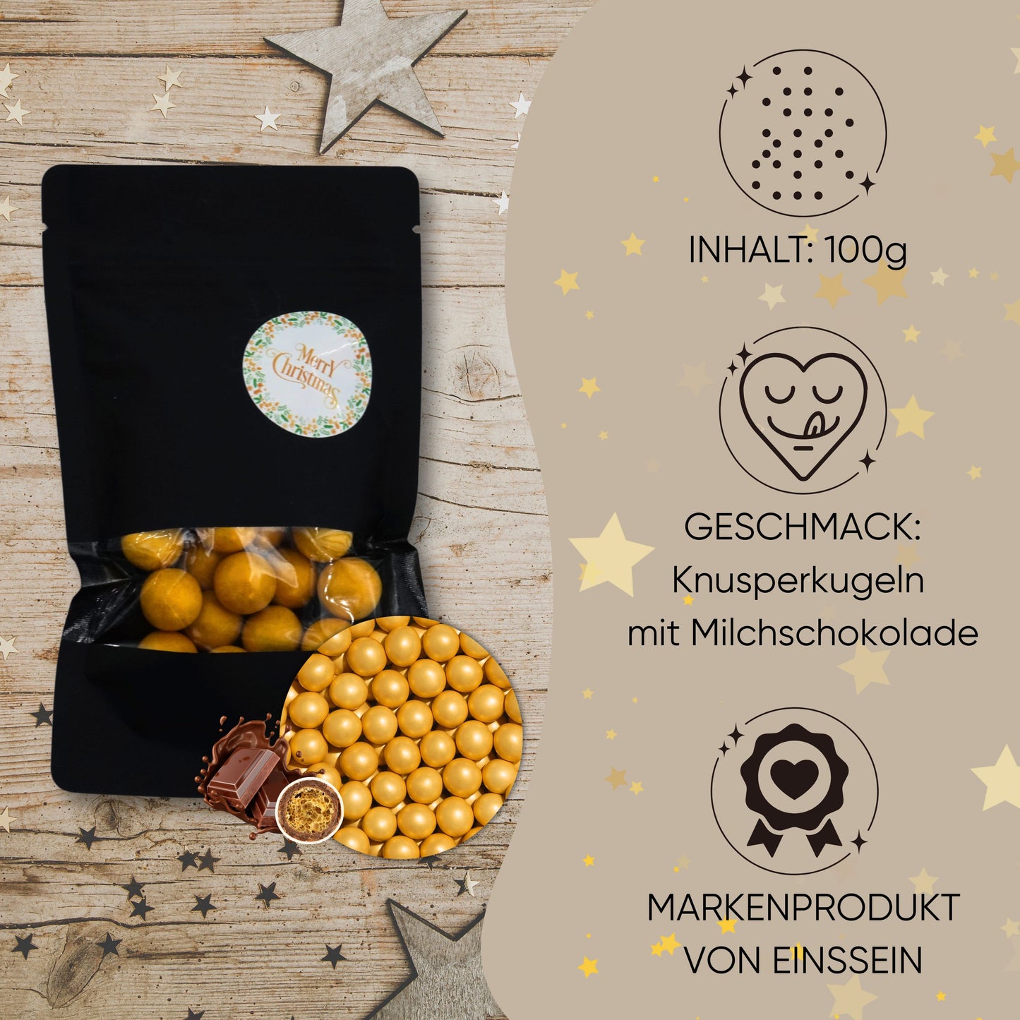 EinsSein Geschenk Weihnachten mit Crispy Schokokugeln gold | Süßigkeiten Weihnachten 100g | Nikolaus Geschenk | Kleinigkeiten für Kollegen Freunde Nachbarn | Schokolade zum Advent