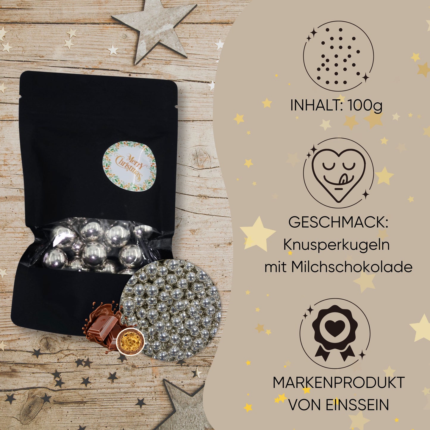 EinsSein Geschenk Weihnachten mit Crispy Schokokugeln silber | Süßigkeiten Weihnachten 100g | Nikolaus Geschenk | Kleinigkeiten für Kollegen Freunde Nachbarn | Schokolade zum Advent