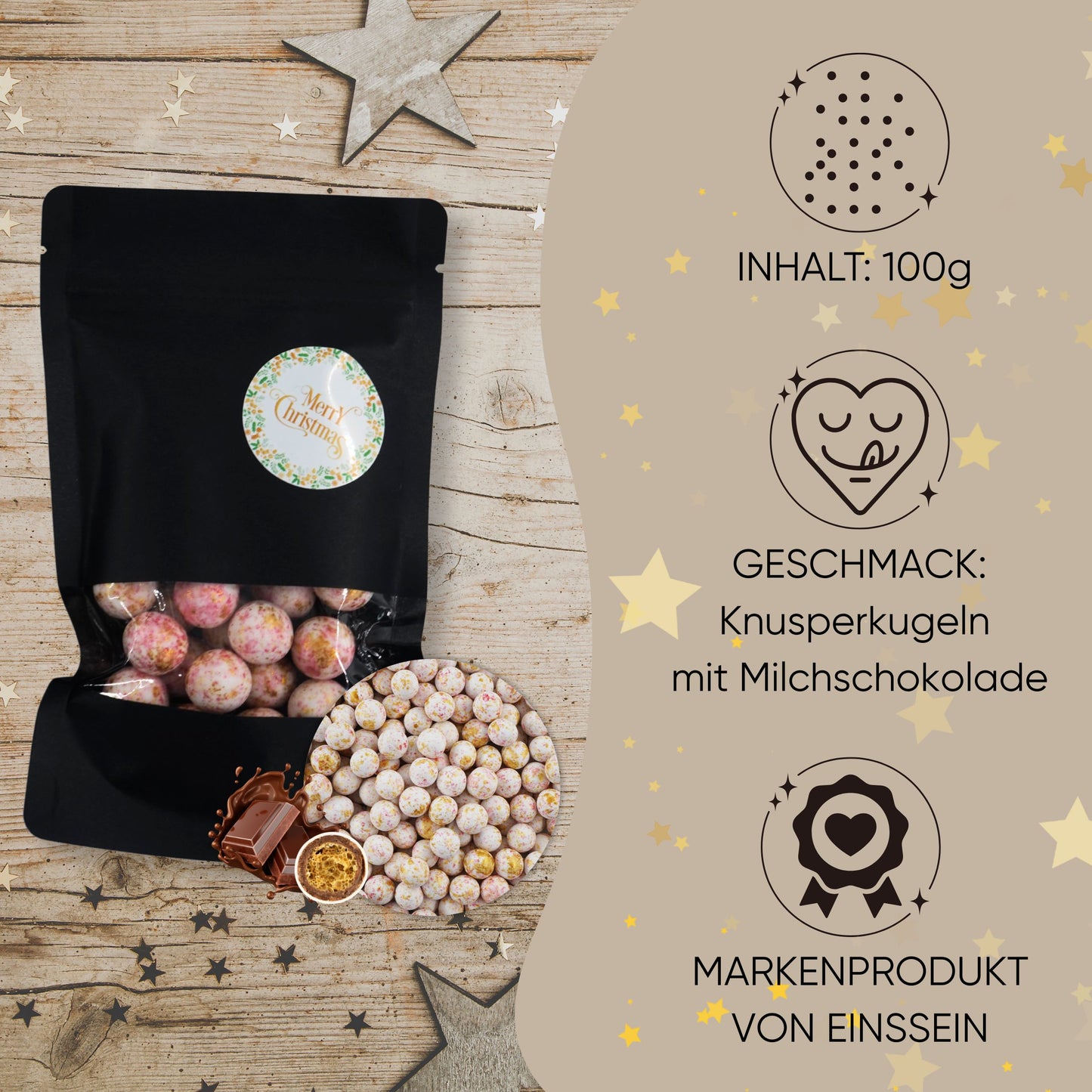 EinsSein Geschenk Weihnachten mit Crispy Schokokugeln weiss-rosa-gold | Süßigkeiten Weihnachten 100g | Nikolaus Geschenk | Kleinigkeiten für Kollegen Freunde Nachbarn | Schokolade zum Advent