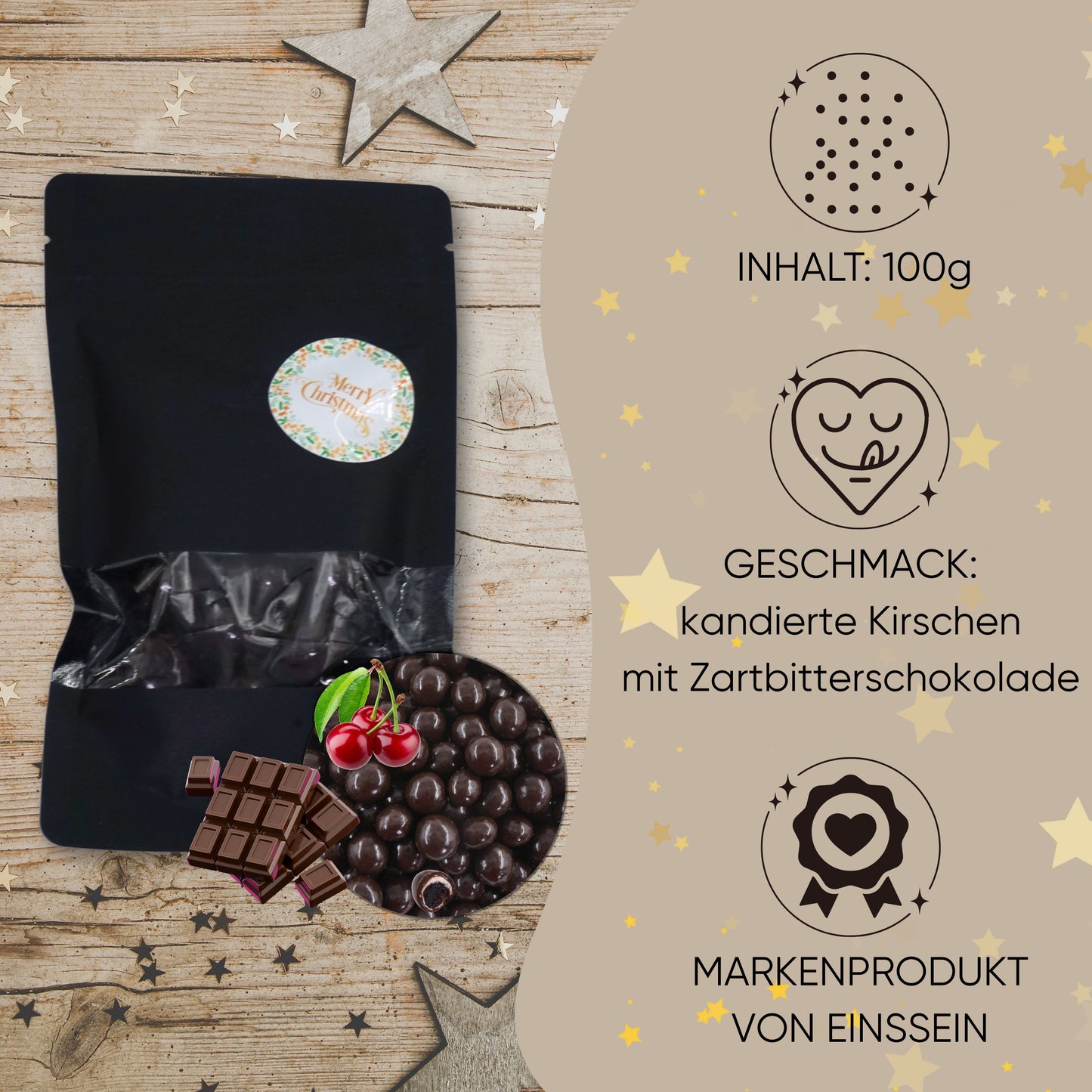 EinsSein Geschenk Weihnachten mit Schokokirsche | Süßigkeiten Weihnachten 100g | Nikolaus Geschenk | Kleinigkeiten für Kollegen Freunde Nachbarn | Schokolade zum Advent | Weihnachtsschokolade