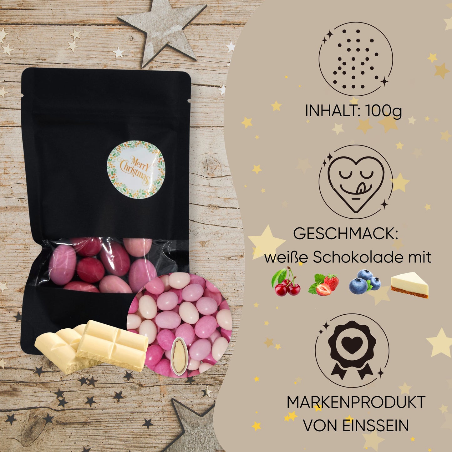 EinsSein Geschenk Weihnachten mit Schokomandeln rosa | Süßigkeiten Weihnachten 100g | Nikolaus Geschenk | Kleinigkeiten für Kollegen Freunde Nachbarn | Schokolade zum Advent
