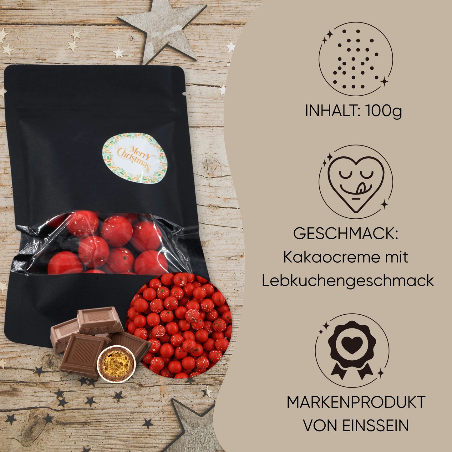EinsSein Geschenk Weihnachten mit Crispy Weihnachtskugeln rot-grün-weiss | Süßigkeiten Weihnachten 100g | Nikolaus Geschenk | Kleinigkeiten für Kollegen Freunde Nachbarn | Schokolade zum Advent