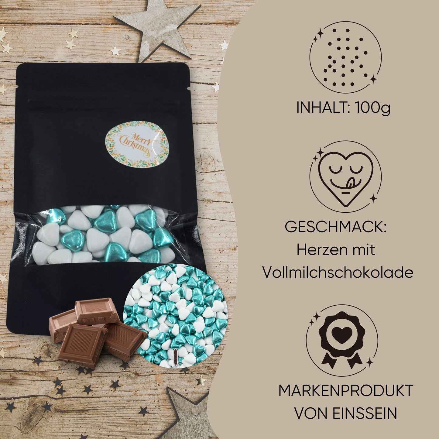 EinsSein Geschenk Weihnachten mit Schokoherzen weiss-grün | Süßigkeiten Weihnachten 100g | Nikolaus Geschenk | Kleinigkeiten für Kollegen Freunde Nachbarn | Schokolade zum Advent