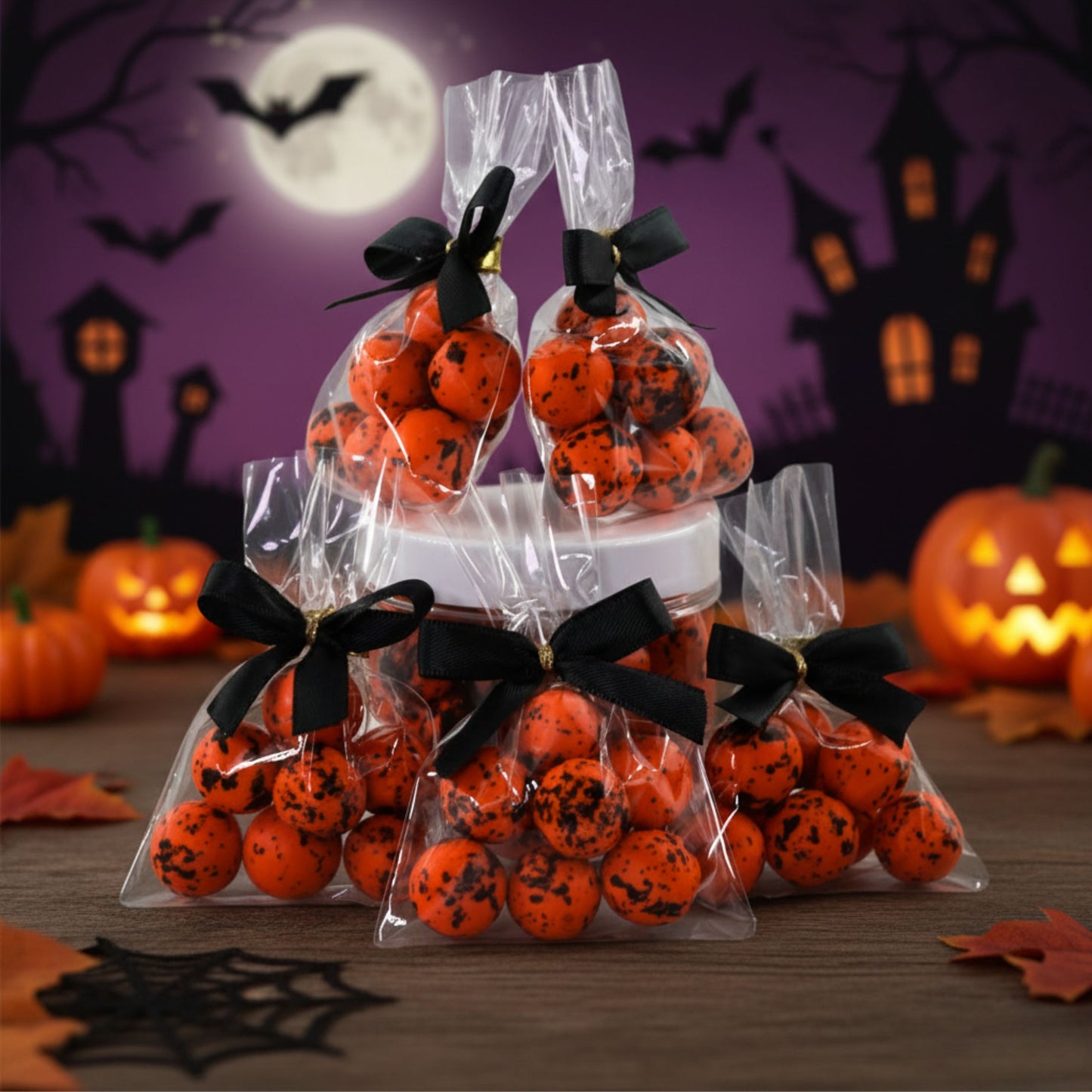 5 Stück fertige Gastgeschenke Halloween Crispykugeln Pumpkin spicy