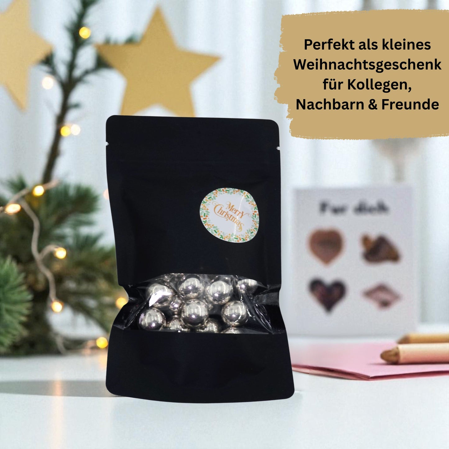 EinsSein Geschenk Weihnachten mit Crispy Schokokugeln silber | Süßigkeiten Weihnachten 100g | Nikolaus Geschenk | Kleinigkeiten für Kollegen Freunde Nachbarn | Schokolade zum Advent