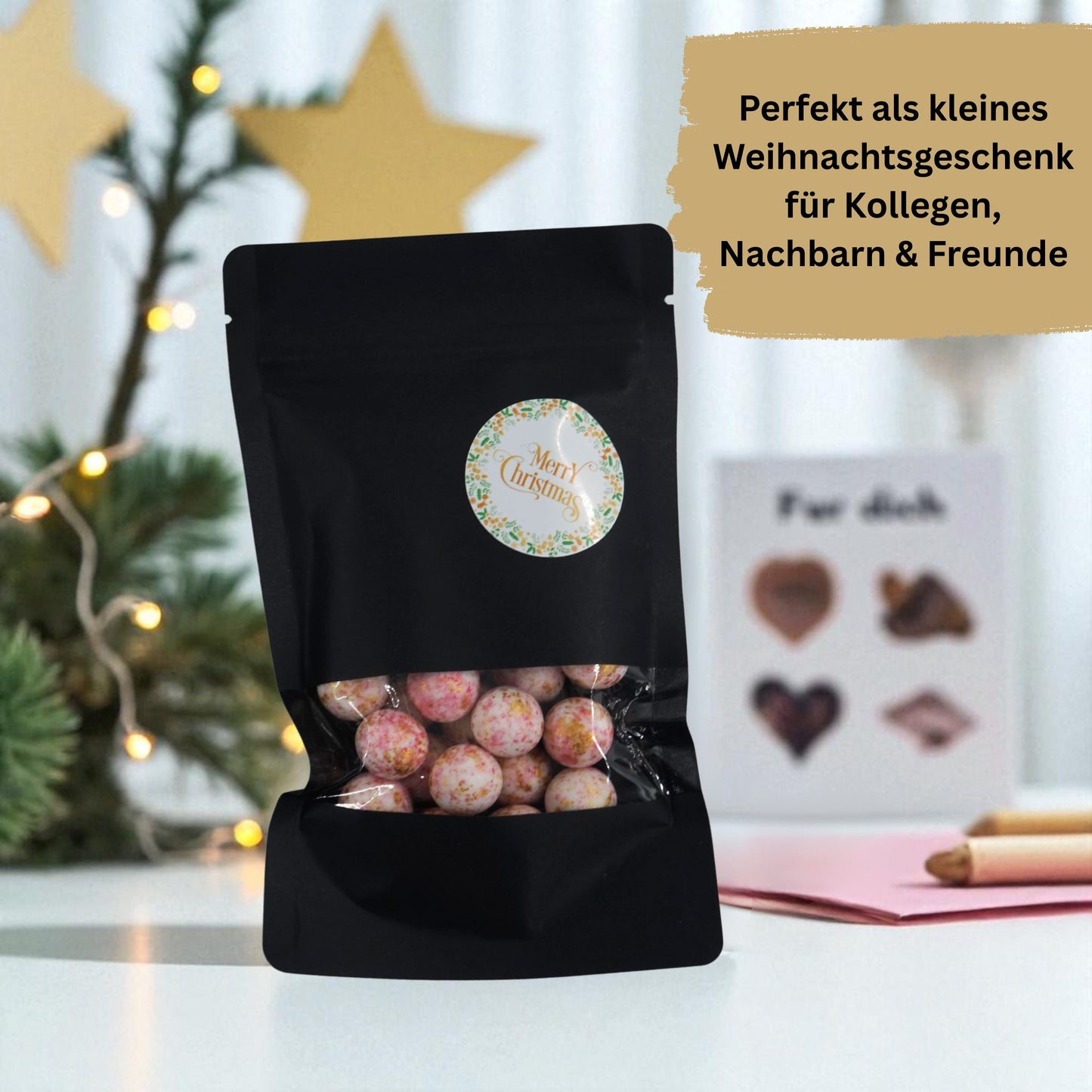EinsSein Geschenk Weihnachten mit Crispy Schokokugeln weiss-rosa-gold | Süßigkeiten Weihnachten 100g | Nikolaus Geschenk | Kleinigkeiten für Kollegen Freunde Nachbarn | Schokolade zum Advent