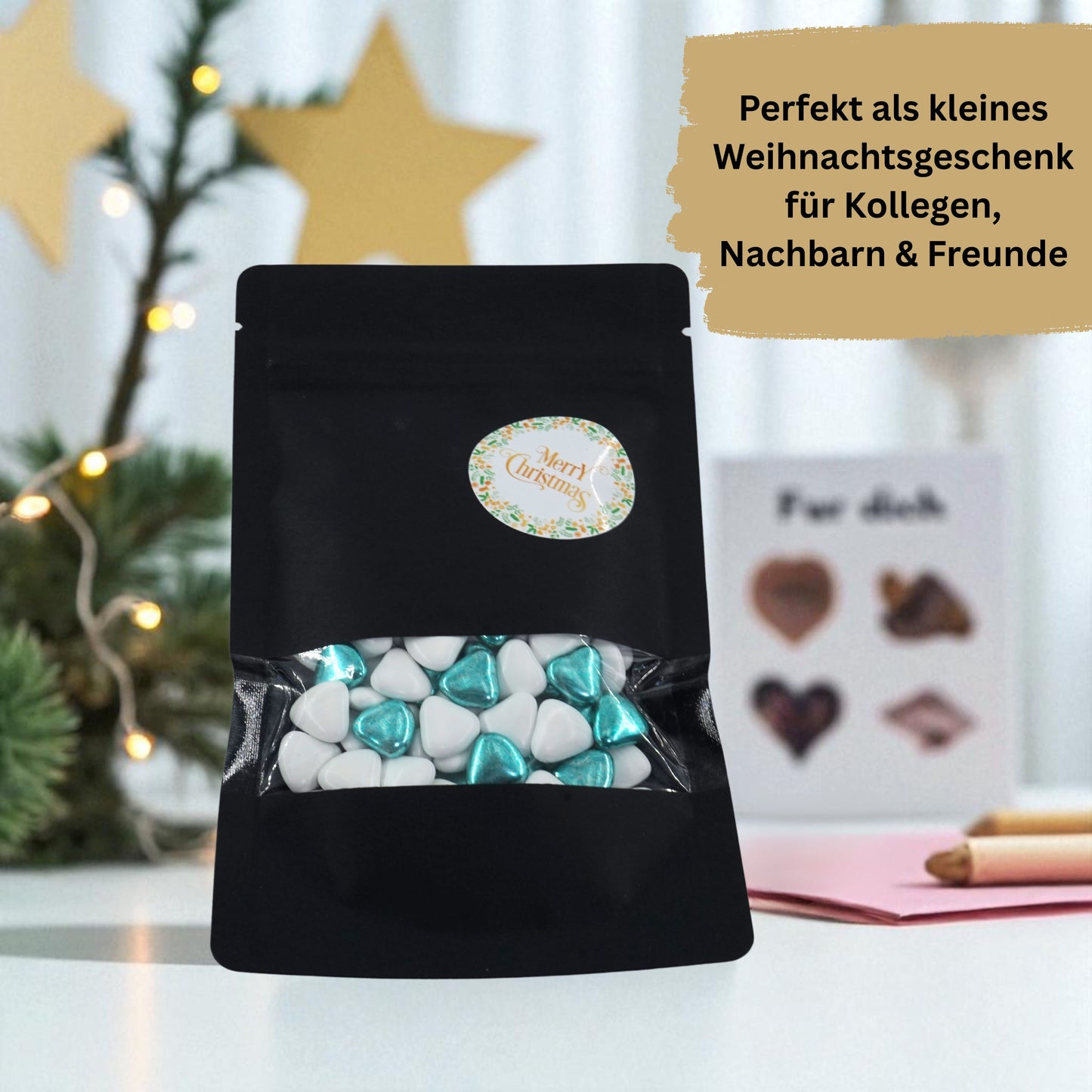 EinsSein Geschenk Weihnachten mit Schokoherzen weiss-grün | Süßigkeiten Weihnachten 100g | Nikolaus Geschenk | Kleinigkeiten für Kollegen Freunde Nachbarn | Schokolade zum Advent