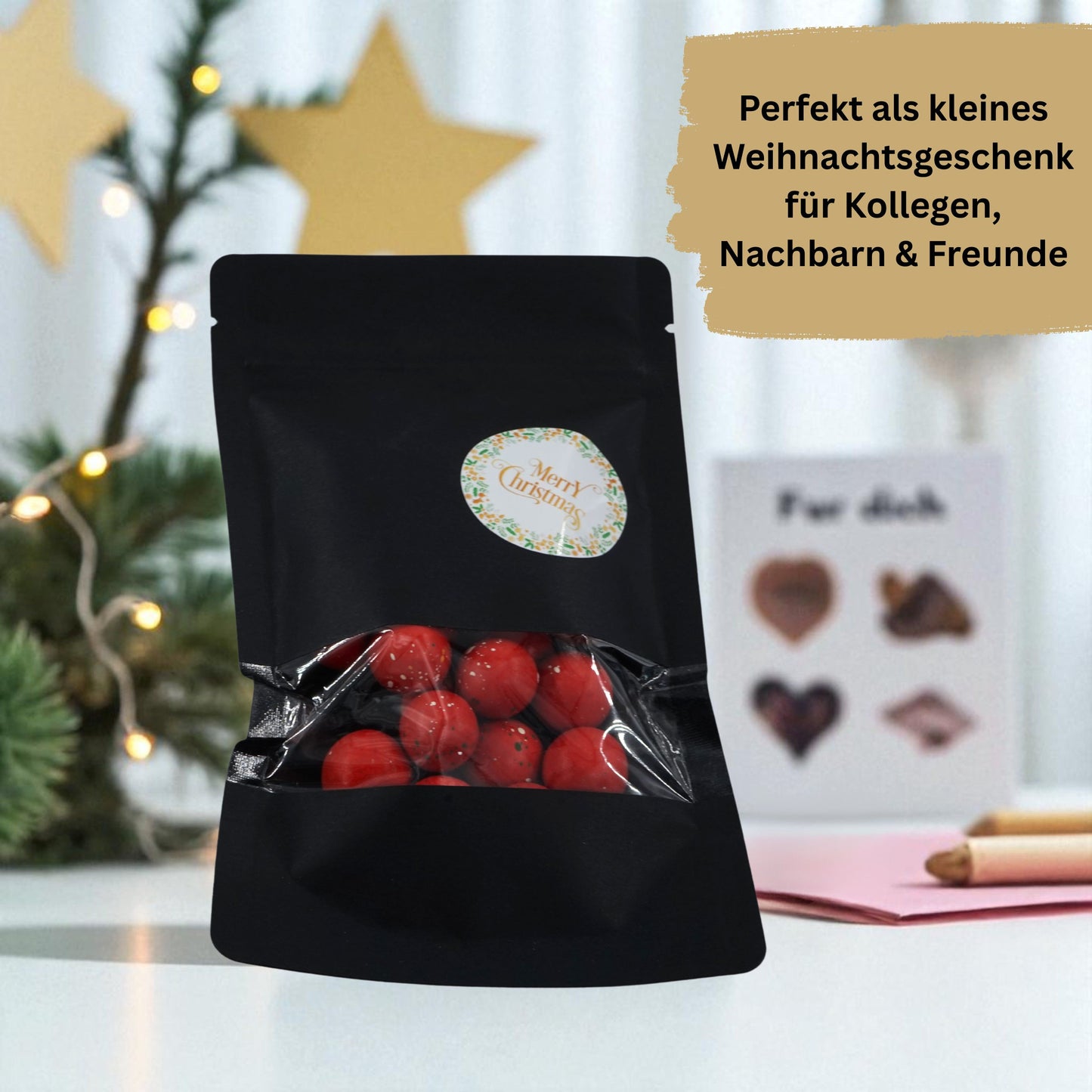 EinsSein Geschenk Weihnachten mit Crispy Weihnachtskugeln rot-grün-weiss | Süßigkeiten Weihnachten 100g | Nikolaus Geschenk | Kleinigkeiten für Kollegen Freunde Nachbarn | Schokolade zum Advent