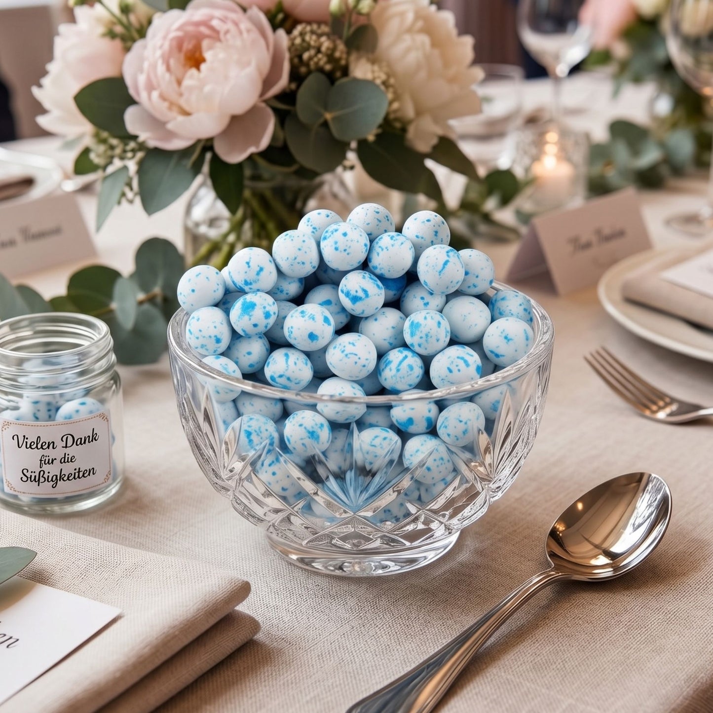 Personalisierte Gastgeschenke Hochzeit Taufe Babyshower weiss-blau – 10 Giveaways mit Crispy Schokokugeln