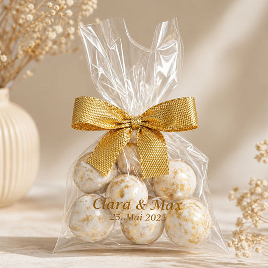 Personalisierte Gastgeschenke Hochzeit Taufe Weiß Gold – 10 Giveaways mit Crispy Schokokugeln