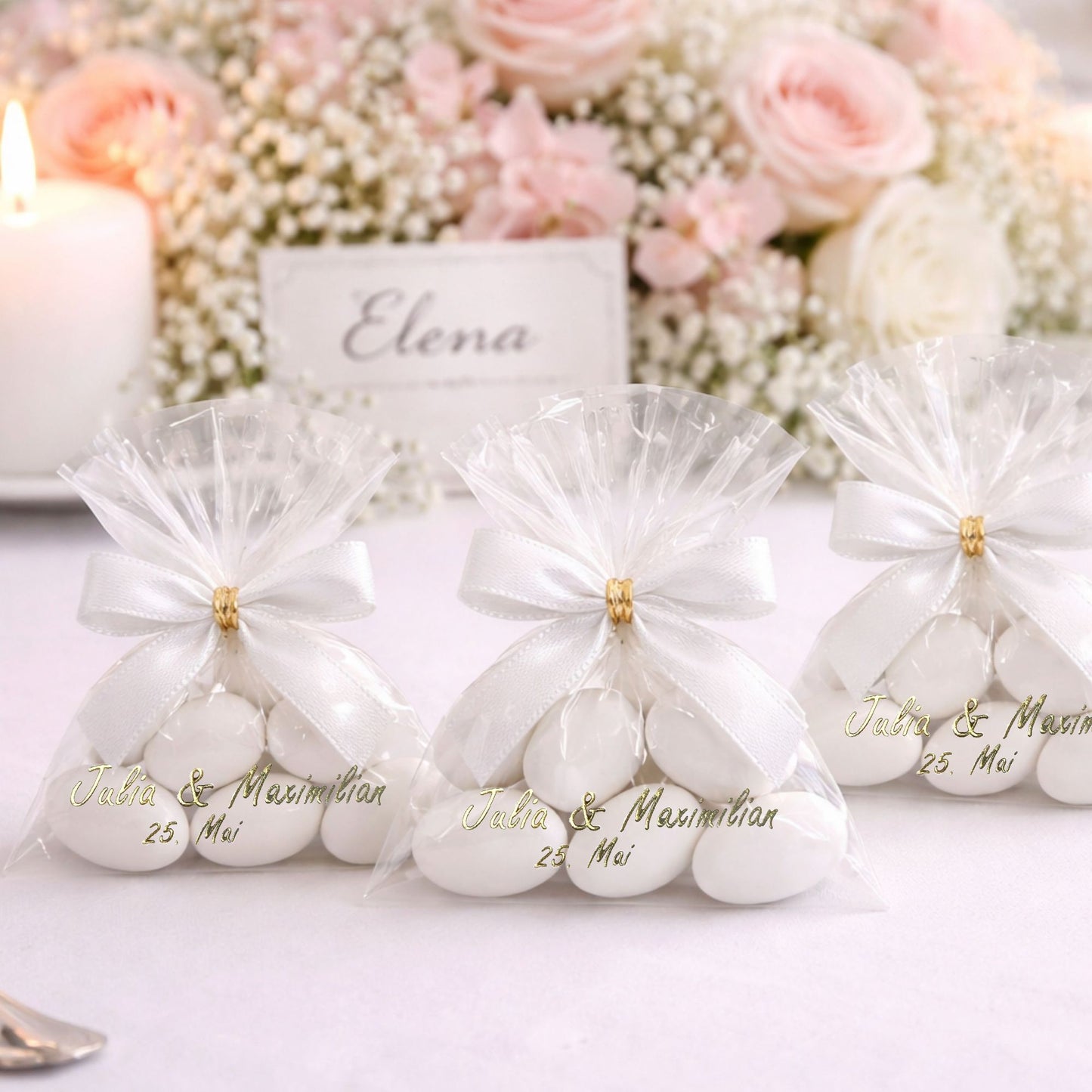 5x personalisierte Gastgeschenke mit weiß & flieder Zuckermandeln – Perfekt für Hochzeit, Taufe & Babyshower