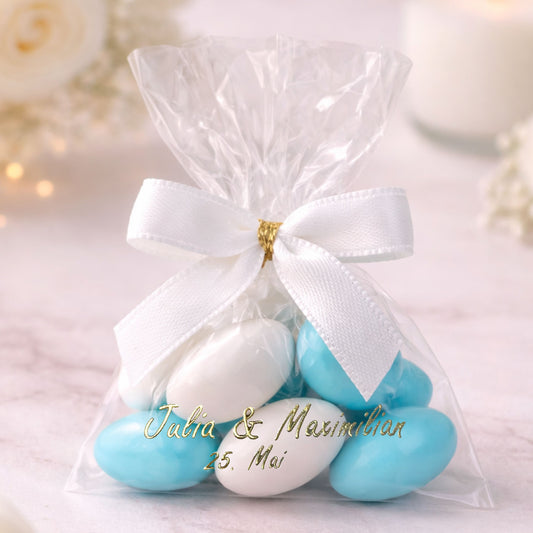 5x personalisierte Gastgeschenke mit weiß & hellblau Zuckermandeln – Perfekt für Hochzeit, Taufe & Babyshower