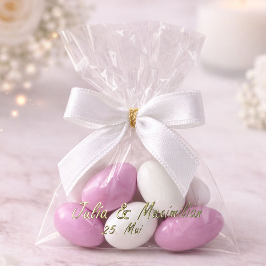 5x personalisierte Gastgeschenke mit weiß & flieder Zuckermandeln – Perfekt für Hochzeit, Taufe & Babyshower