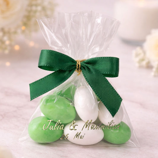 5x personalisierte Gastgeschenke mit weiß & grün Zuckermandeln – Perfekt für Hochzeit, Taufe & Babyshower