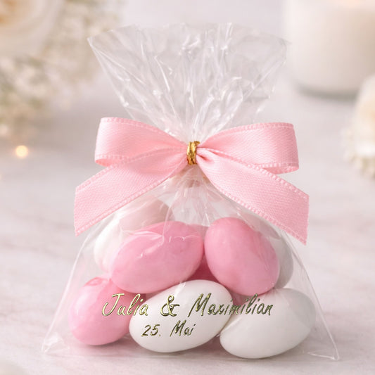 5 personalisierte Gastgeschenke mit weiß & rosa Zuckermandeln – Perfekt für Hochzeit, Taufe & Babyshower