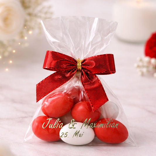5 x personalisierte Gastgeschenke mit weiß & rot Zuckermandeln – Perfekt für Hochzeit, Taufe & Babyshower