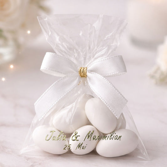 5x personalisierte Gastgeschenke mit weißen Zuckermandeln – Perfekt für Hochzeit, Taufe & Babyshower