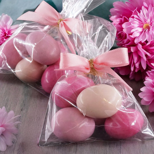 10 Stück Gastgeschenke Hochzeit, Taufe, Babyshower mit Schokomandeln rosa-pink