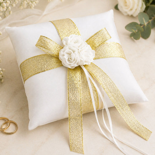 Ringkissen Ivory Gold 20x20 cm mit Spitze & Blume – Trauringkissen Hochzeit Elegant