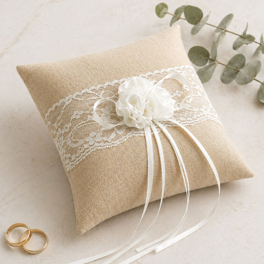 Ringkissen Jute Vintage 20x20 cm mit Spitze & Blume – Trauringkissen Hochzeit Beige