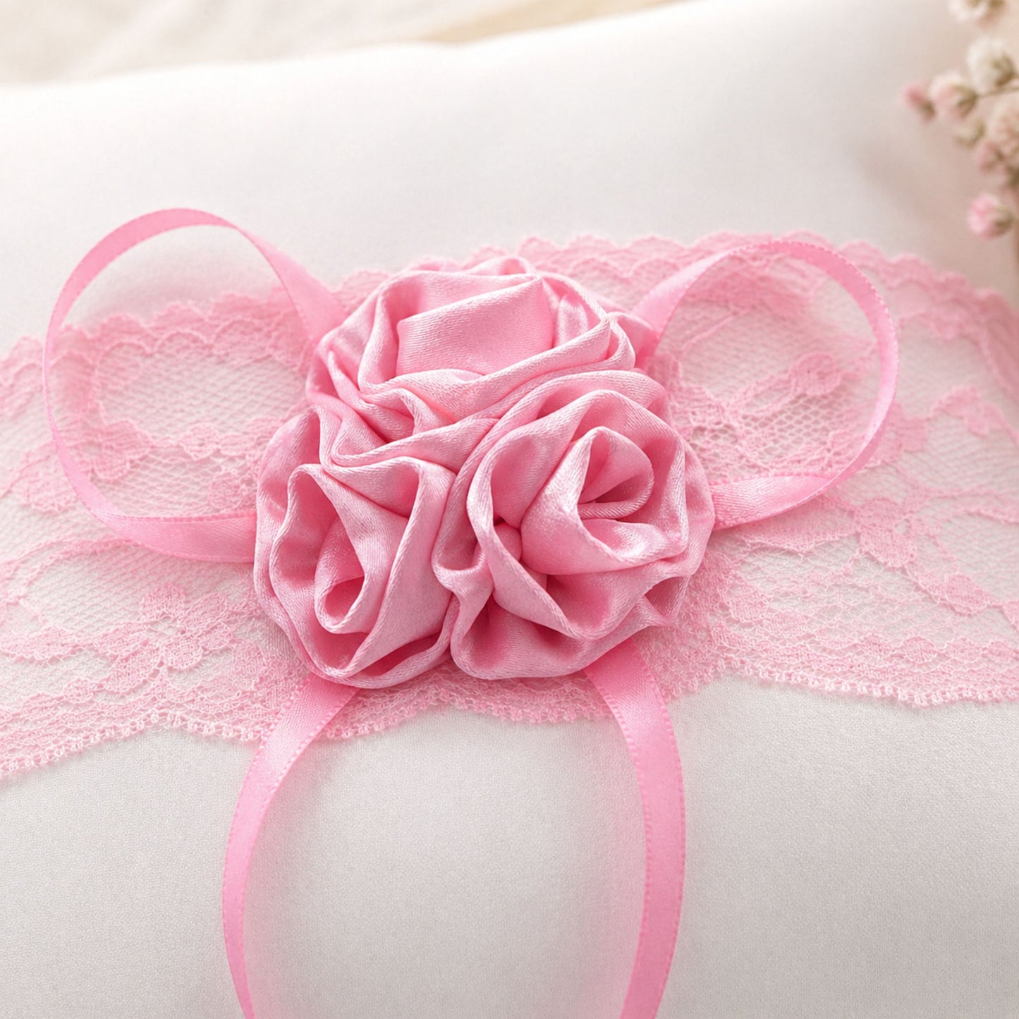 Ringkissen Flower Rosé Weiß 20x20 cm mit Spitze & Blume – Trauringkissen Vintage Hochzeit Rosa