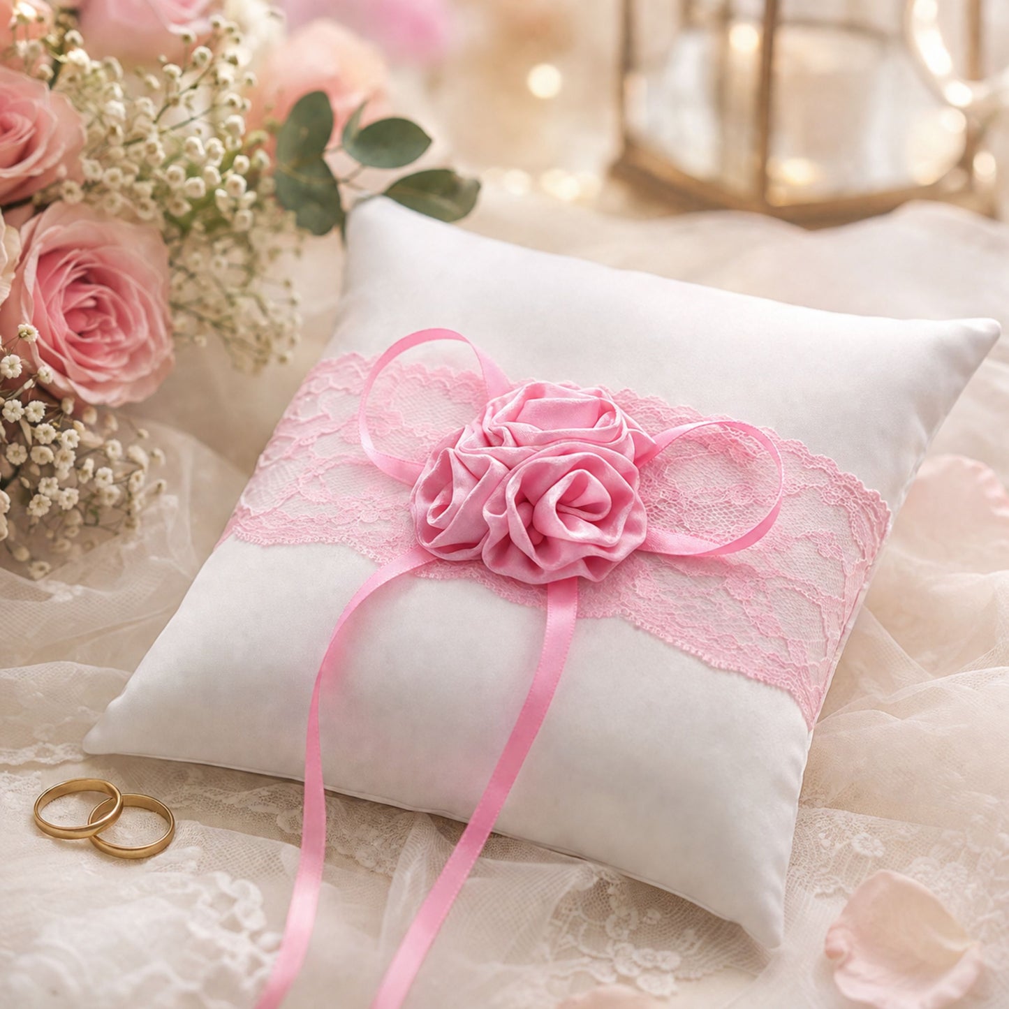 Ringkissen Flower Rosé Weiß 20x20 cm mit Spitze & Blume – Trauringkissen Vintage Hochzeit Rosa