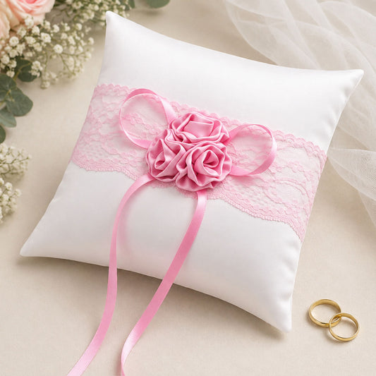Ringkissen Flower Rosé Weiß 20x20 cm mit Spitze & Blume – Trauringkissen Vintage Hochzeit Rosa