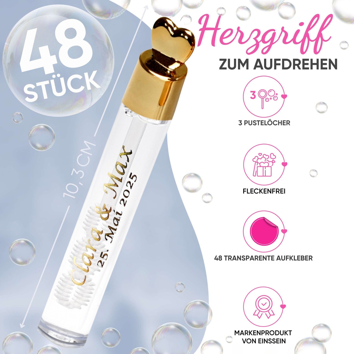48 Seifenblasen Hochzeit Lovegläschen gold mit 48 Aufkleber personalisiert