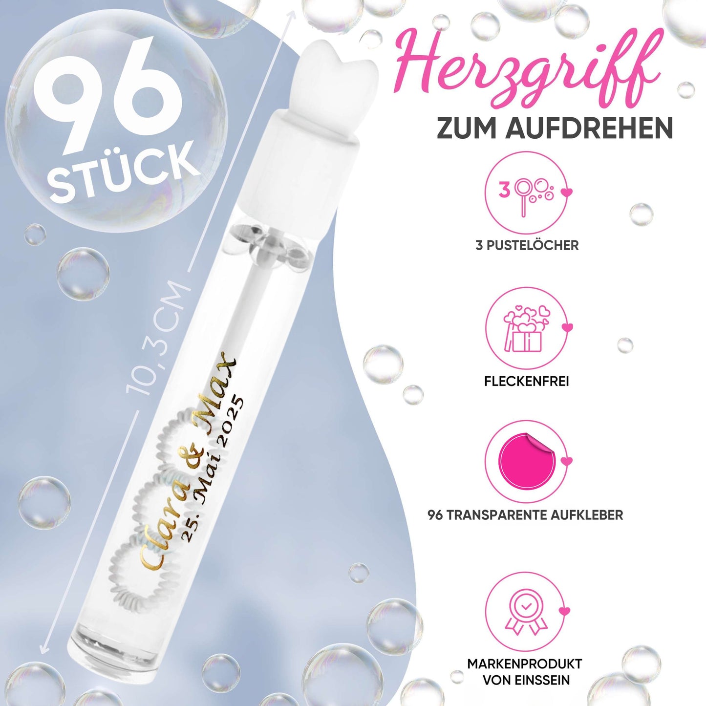 96 Seifenblasen Hochzeit Lovegläschen weiss mit 96 Aufkleber personalisiert