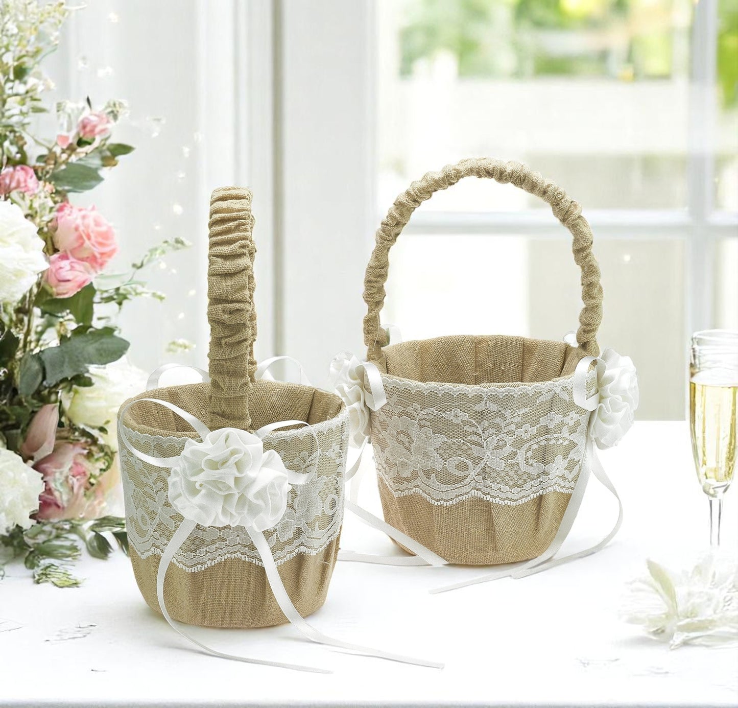 Streukörbchen Hochzeit Jute Flower Beige – 2er Set Blumenkörbchen Vintage