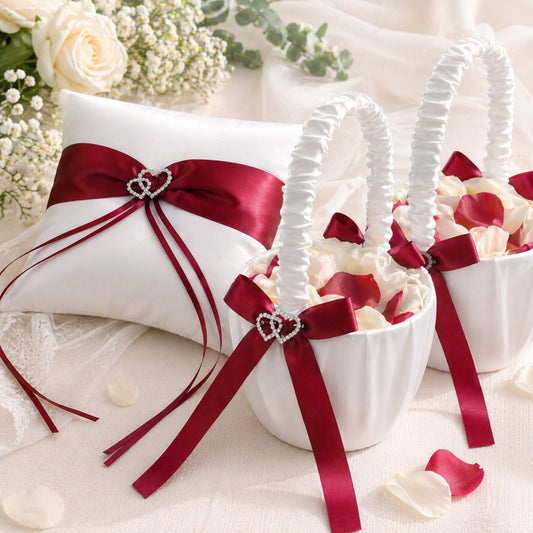 Hochzeits Set Amore Ringkissen 20x20 cm + 2 Streukörbchen Rot Weiß mit Strassherzen – Trauringkissen Set