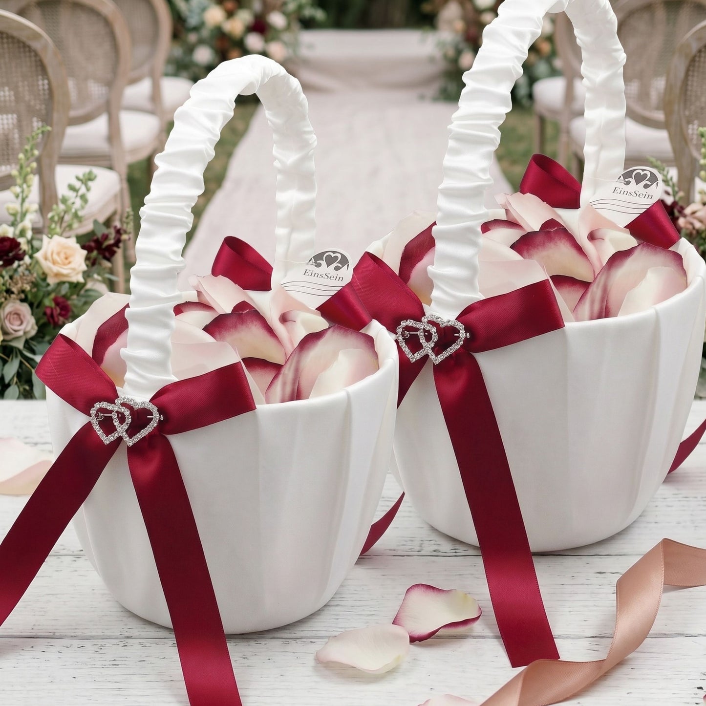 Hochzeits Set Amore Ringkissen 20x20 cm + 2 Streukörbchen Rot Weiß mit Strassherzen – Trauringkissen Set