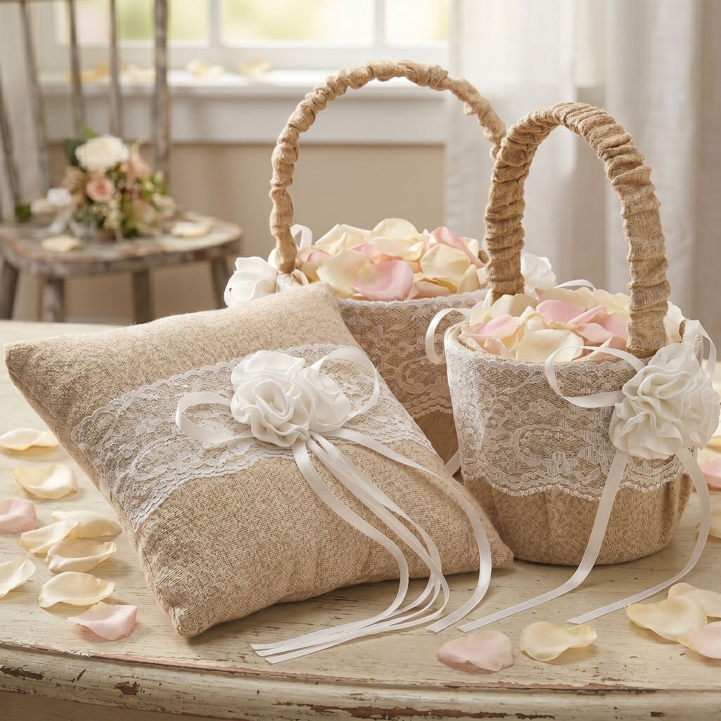 Hochzeits Set Jute Flower Ringkissen 20x20 cm + 2 Streukörbchen Vintage Boho mit Spitze & Blume