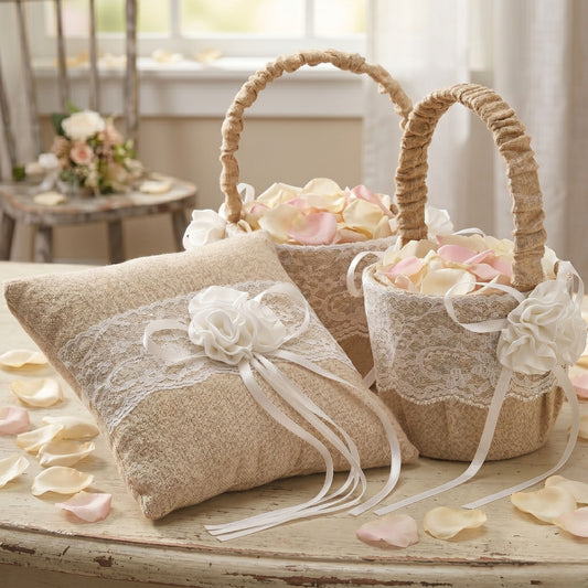 Hochzeits Set Jute Flower Ringkissen 20x20 cm + 2 Streukörbchen Vintage Boho mit Spitze & Blume