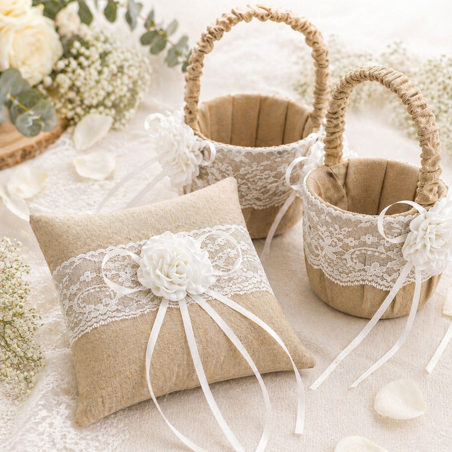 Hochzeits Set Jute Flower Ringkissen 20x20 cm + 2 Streukörbchen Vintage Boho mit Spitze & Blume
