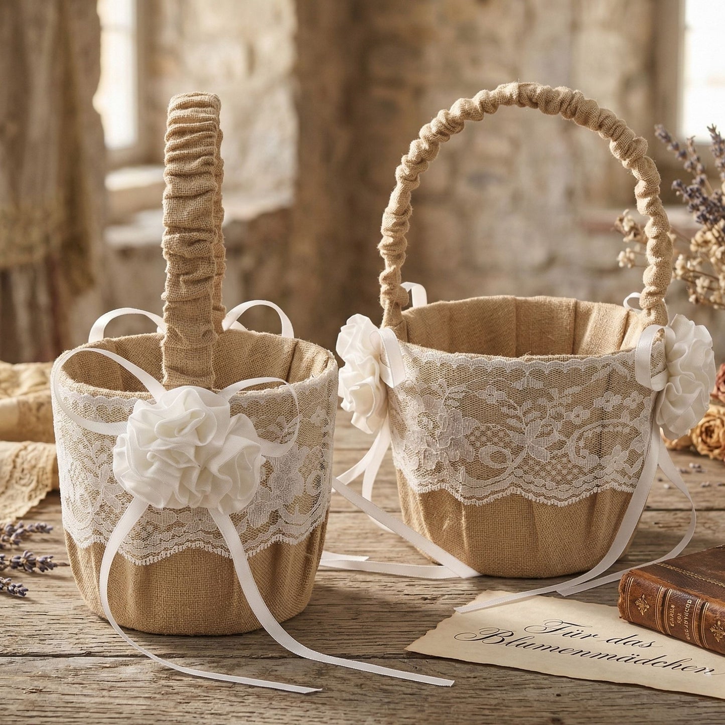 Streukörbchen Hochzeit Jute Flower Beige – 2er Set Blumenkörbchen Vintage